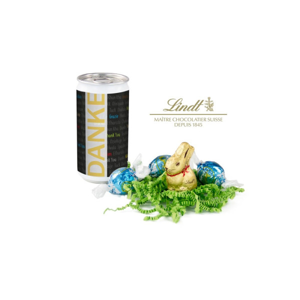 Lindt-Oster-Überraschung, Das Nest in der Dose - Etikett Danke